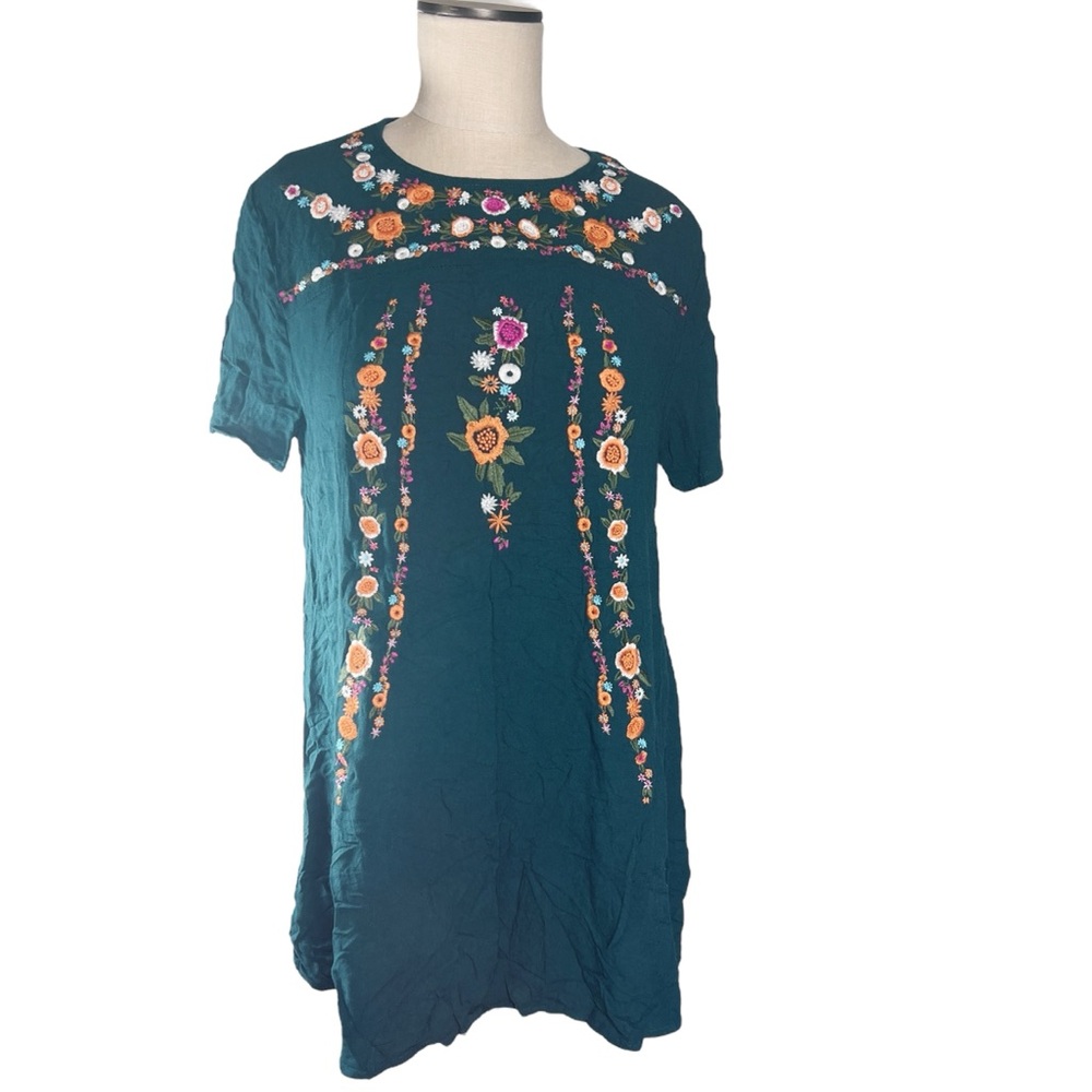 Umgee Teal Minidress with Colorful Floral Embroidery Sz M EUC Boho Fairycore
